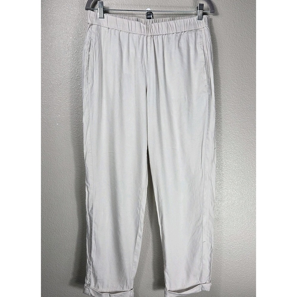 J Jill Linen Blend Crop Pants Womens Medium Beige Pull On Elastic Waist Pockets